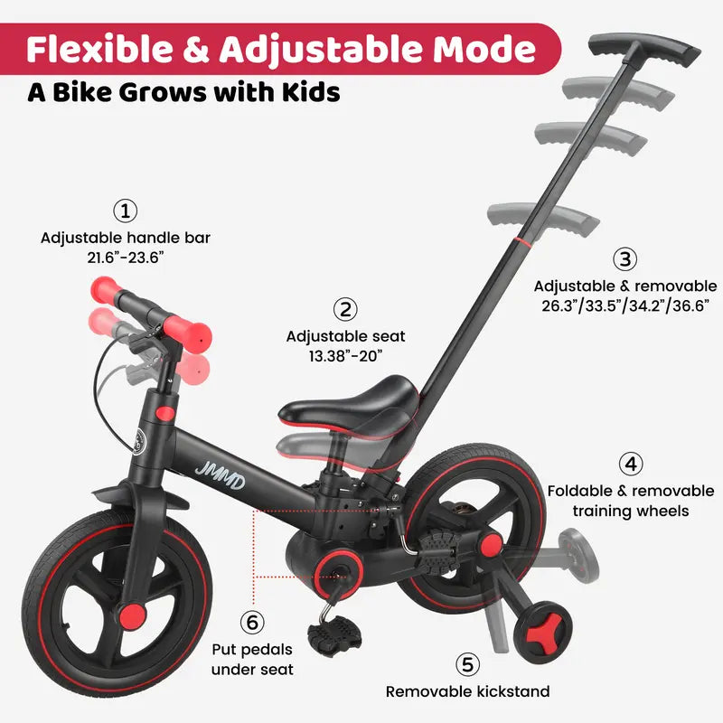 JMMD Multi-Functional 6-in-1 Toddler Bike for 18-60M Baby Balance Bike with Training Wheels, Pedals & Push Handle